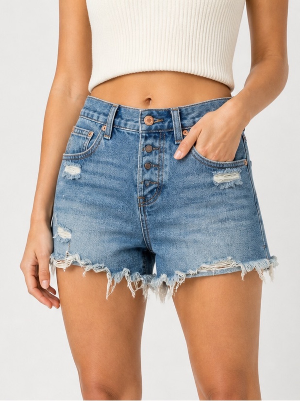By Together Frayed Mid-Blue Distressed Denim Shorts